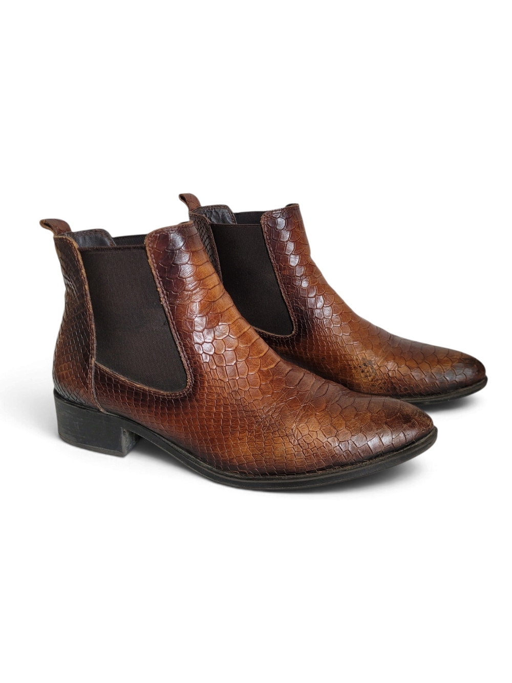 Snake Embossed Leather Western Chelsea Ankle Boots Brown Tan Size 9.5